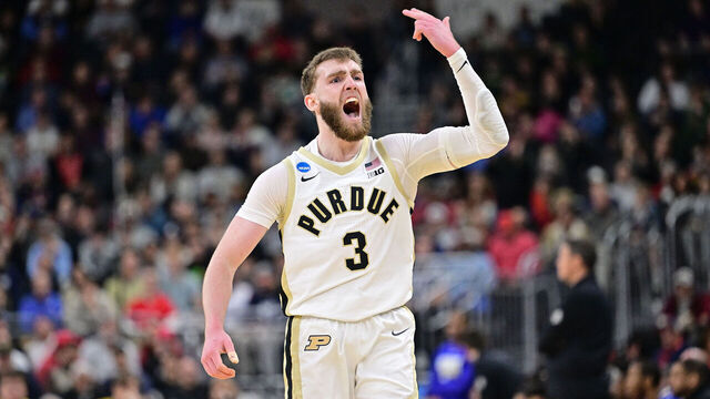 PROVIDENCE, RHODE ISLAND - MARCH 22: Braden Smith #3 of the Purdue Boilermakers celebrates a basket against the McNeese Cowboys during the second round of the 2025 NCAA Men's Basketball Tournament held at Amica Mutual Pavillion on March 22, 2025 in Providence, Rhode Island.