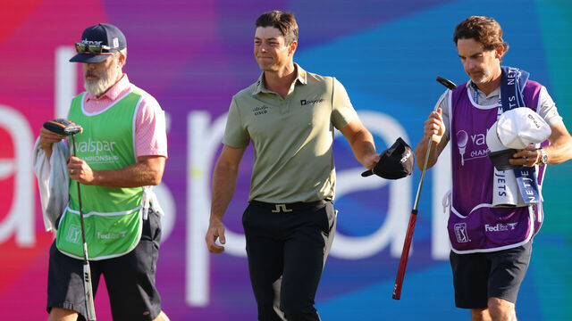 PALM HARBOR, FLORIDA - MARCH 22: Viktor Hovland of Norway finishes his round on the 18th green during the third round of the Valspar Championship 2025 at Innisbrook Resort and Golf Club on March 22, 2025 in Palm Harbor, Florida.