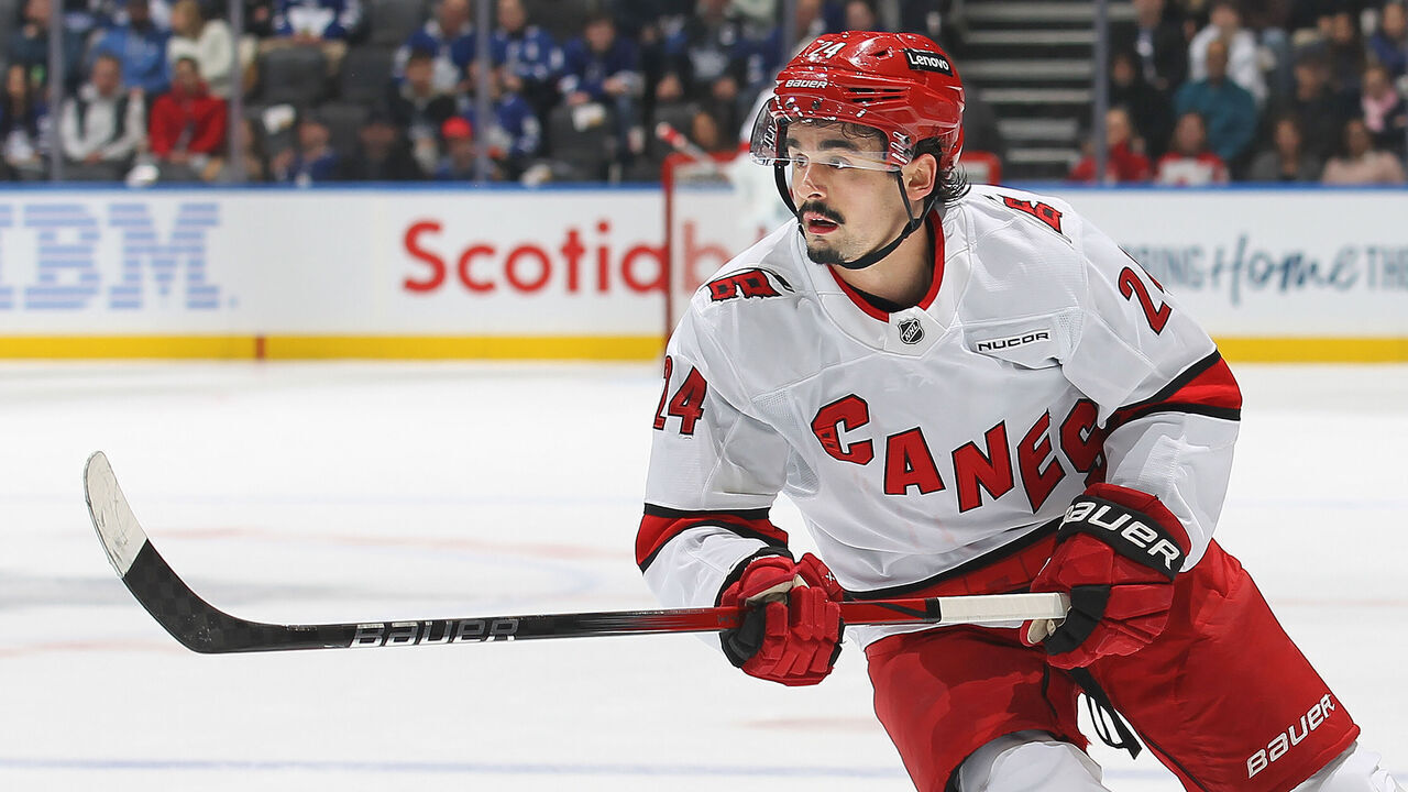 TORONTO, CANADA - FEBRUARY 22: Seth Jarvis #24 of the Carolina Hurricanes skates against the Toronto Maple Leafs during the first period in an NHL game at Scotiabank Arena on February 22, 2025 in Toronto, Ontario, Canada.
