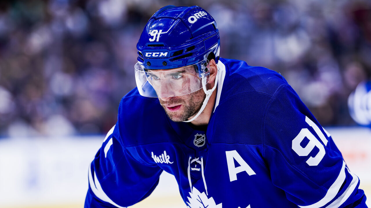 TORONTO, ON - MARCH 19: John Tavares #91 of the Toronto Maple Leafs looks on during the first period against the Colorado Avalanche at the Scotiabank Arena on March 19, 2025 in Toronto, Ontario, Canada.