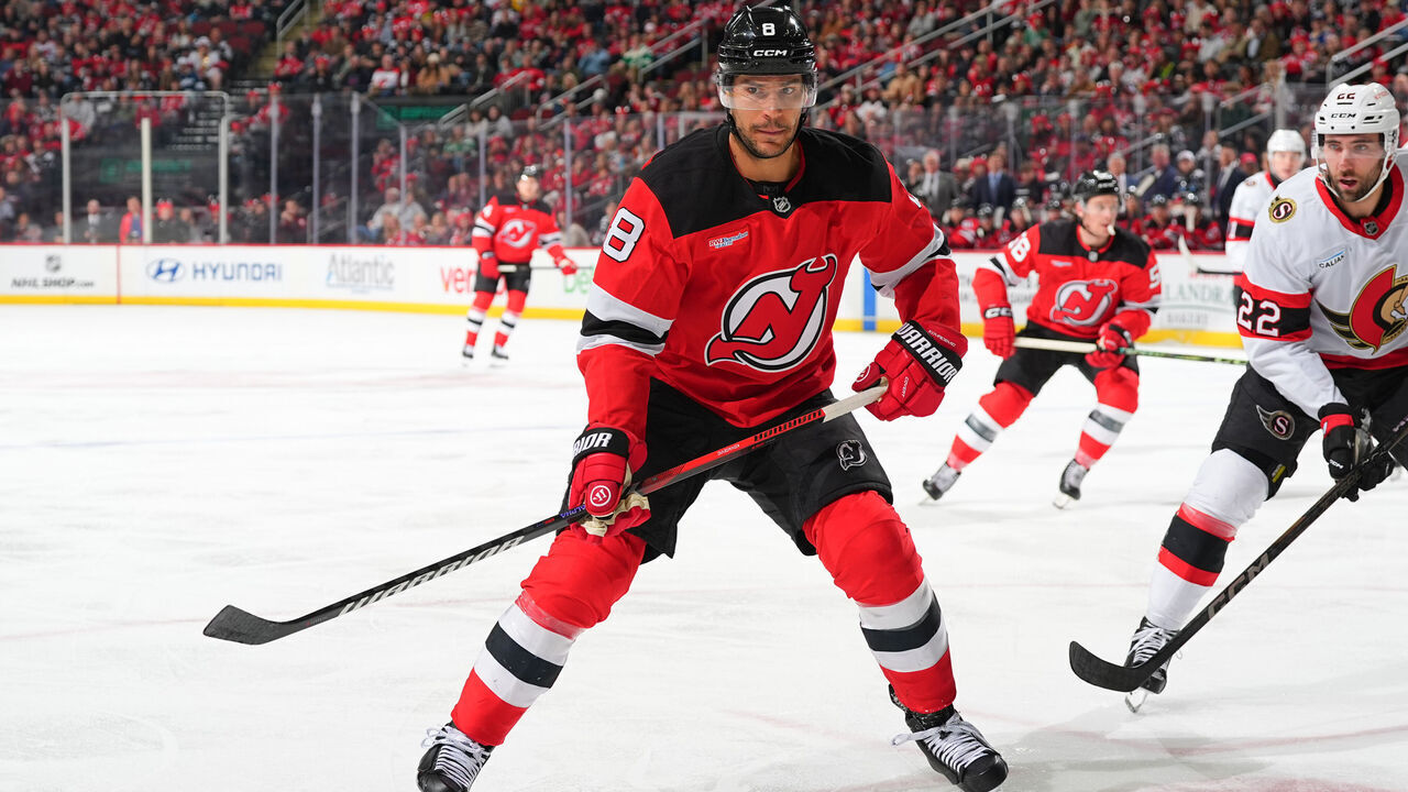 NEWARK, NJ - MARCH 22: Johnathan Kovacevic #8 of the New Jersey Devils skates during the first period of the game against the Ottawa Senators at Prudential Center on March 22, 2025 in Newark, New Jersey.