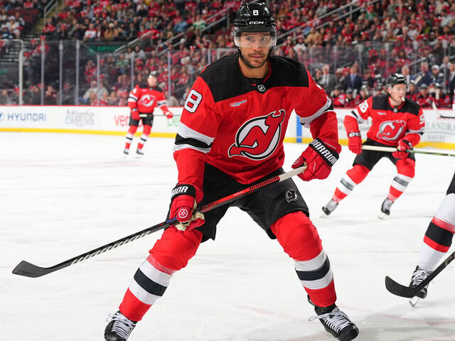 NEWARK, NJ - MARCH 22: Johnathan Kovacevic #8 of the New Jersey Devils skates during the first period of the game against the Ottawa Senators at Prudential Center on March 22, 2025 in Newark, New Jersey.