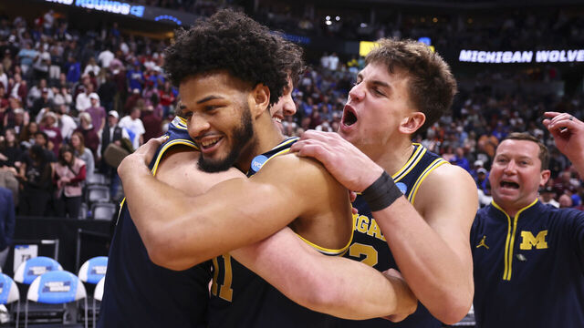 DENVER, COLORADO - MARCH 22: Roddy Gayle Jr. #11 of the Michigan Wolverines celebrates after defeating the Texas A&M Aggies during the second round of the 2025 NCAA Men's Basketball Tournament held at Ball Arena on March 22, 2025 in Denver, Colorado.