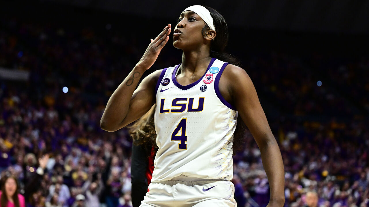 BATON ROUGE, LOUISIANA - MARCH 22: Flau'Jae Johnson #4 of the LSU Tigers celebrates against the San Diego State Aztecs during the First Round of the 2025 NCAA Women's Basketball Tournament held at Pete Maravich Assembly Center on March 22, 2025 in Baton Rouge, Louisiana.