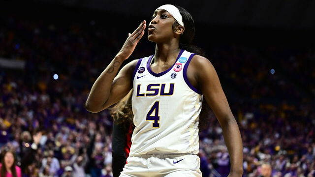 BATON ROUGE, LOUISIANA - MARCH 22: Flau'Jae Johnson #4 of the LSU Tigers celebrates against the San Diego State Aztecs during the First Round of the 2025 NCAA Women's Basketball Tournament held at Pete Maravich Assembly Center on March 22, 2025 in Baton Rouge, Louisiana.