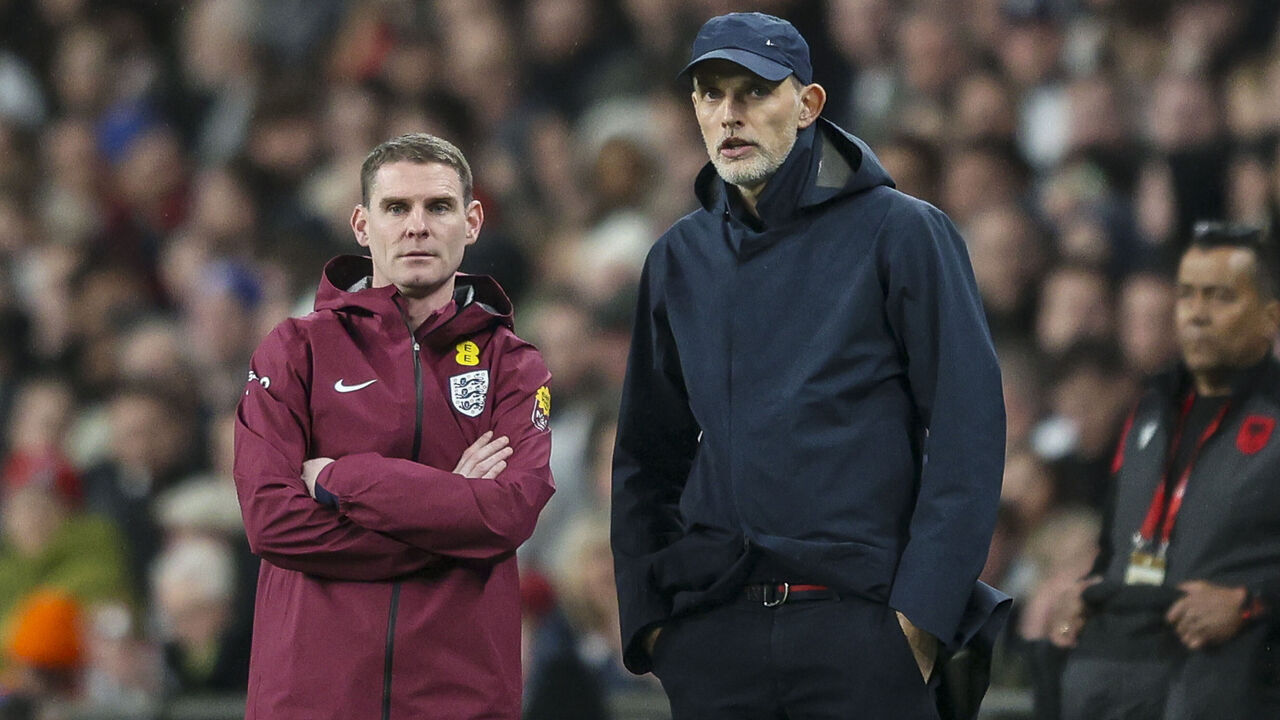 LONDON, ENGLAND - MARCH 21: Head Coach Thomas Tuchel of England with assistant Anthony Barry during the FIFA World Cup 2026 European Qualifier between England and Albania at Wembley Stadium on March 21, 2025 in London, England.