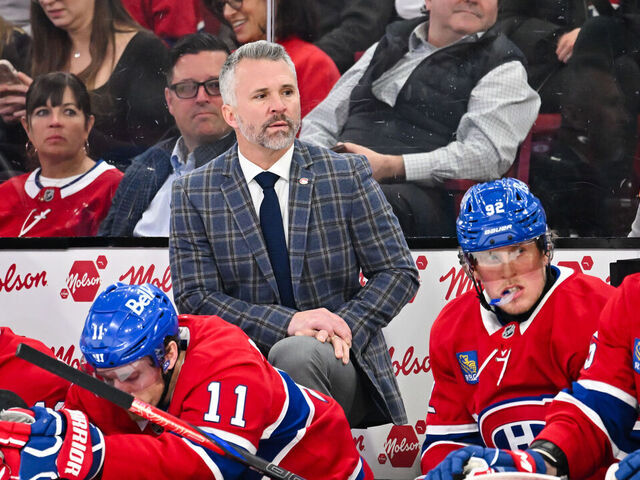 MONTREAL, CANADA - JANUARY 28: Head coach Martin St-Louis of the Montreal Canadiens handles bench duties during the third period against the Winnipeg Jets at the Bell Centre on January 28, 2025 in Montreal, Quebec, Canada. The Winnipeg Jets defeated the Montreal Canadiens 4-1.