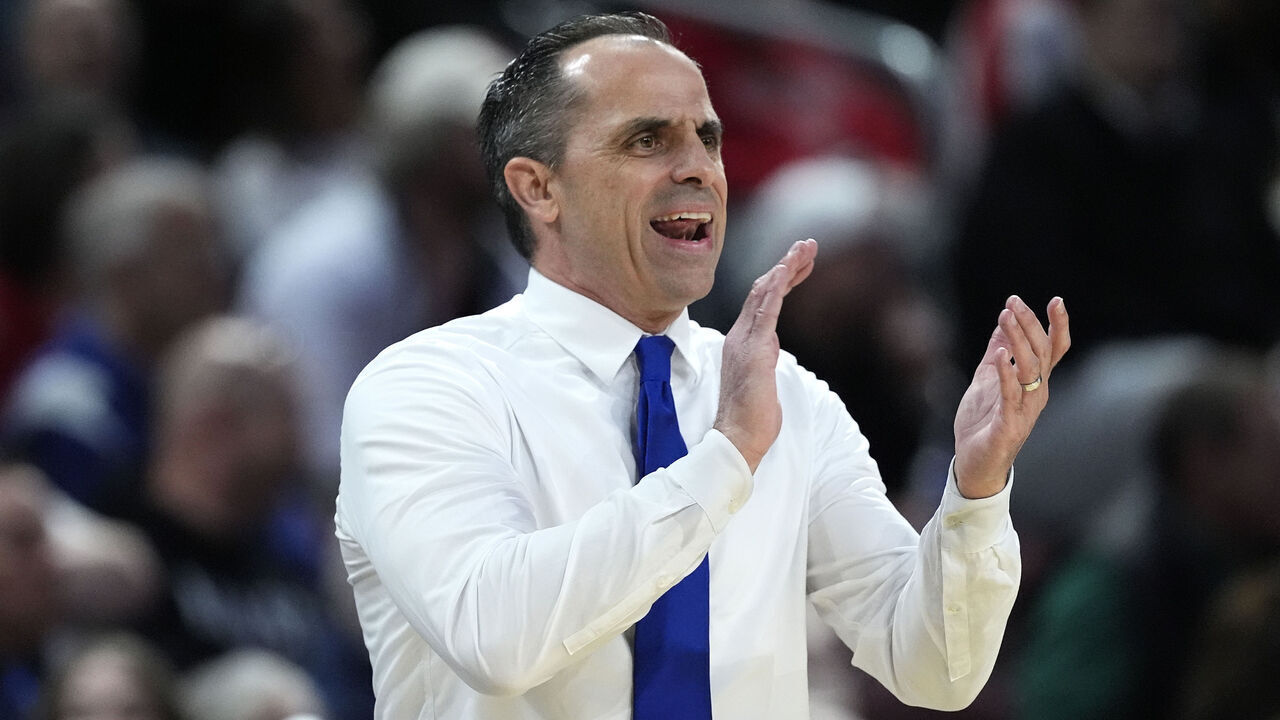 WICHITA, KANSAS - MARCH 22: Head coach Ben McCollum of the Drake Bulldogs reacts during the first half against the Texas Tech Red Raiders in the second round of the NCAA Men's Basketball Tournament at INTRUST Arena on March 22, 2025 in Wichita, Kansas.