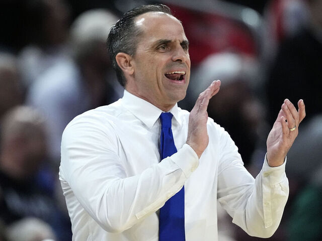 WICHITA, KANSAS - MARCH 22: Head coach Ben McCollum of the Drake Bulldogs reacts during the first half against the Texas Tech Red Raiders in the second round of the NCAA Men's Basketball Tournament at INTRUST Arena on March 22, 2025 in Wichita, Kansas.