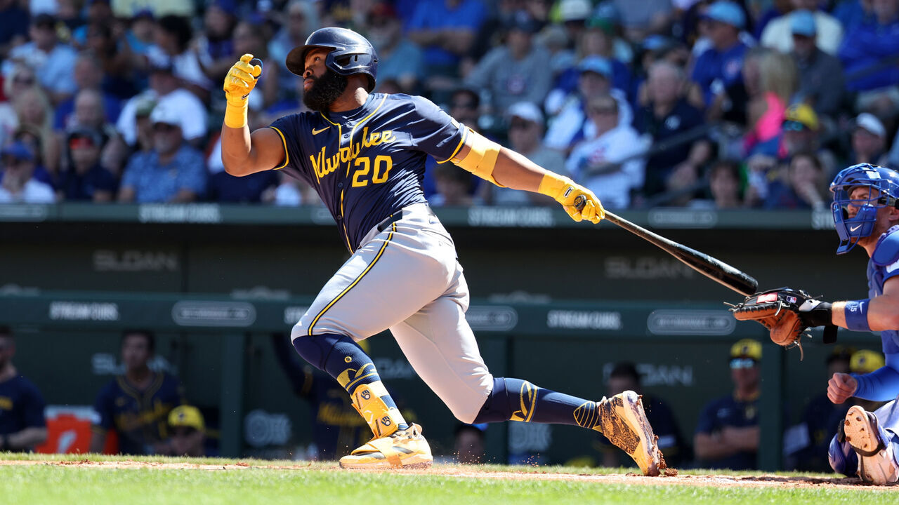 MESA, ARIZONA - MARCH 11: Manuel Margot #20 of the Milwaukee Brewers bats during the game against the Chicago Cubs at Sloan Park on March 11, 2025 in Mesa, AZ.