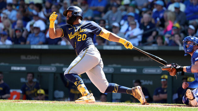 MESA, ARIZONA - MARCH 11: Manuel Margot #20 of the Milwaukee Brewers bats during the game against the Chicago Cubs at Sloan Park on March 11, 2025 in Mesa, AZ.