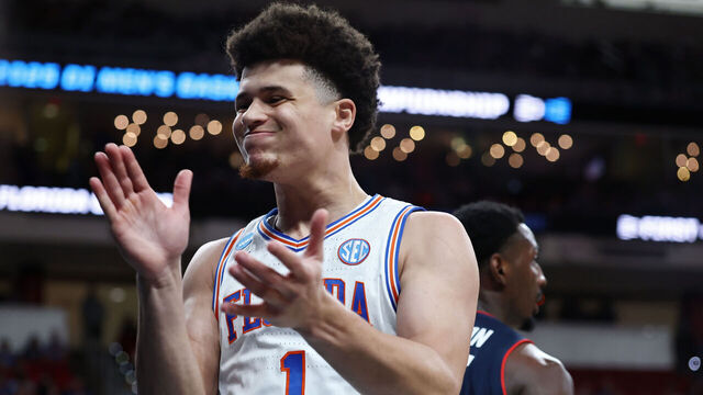 RALEIGH, NORTH CAROLINA - MARCH 23: Walter Clayton Jr. #1 of the Florida Gators reacts after being fouled in the first half against the Connecticut Huskies in the second round of the NCAA Men's Basketball Tournament at Lenovo Center on March 23, 2025 in Raleigh, North Carolina.