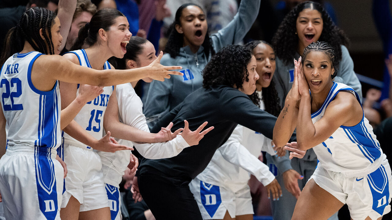 DURHAM, NORTH CAROLINA - MARCH 23: Ashlon Jackson #3 of the Duke Blue Devils reacts after making a basket in the second half against the Oregon Ducks during a second round game of the women’s NCAA basketball tournament at Cameron Indoor Stadium on March 23, 2025 in Durham, North Carolina.