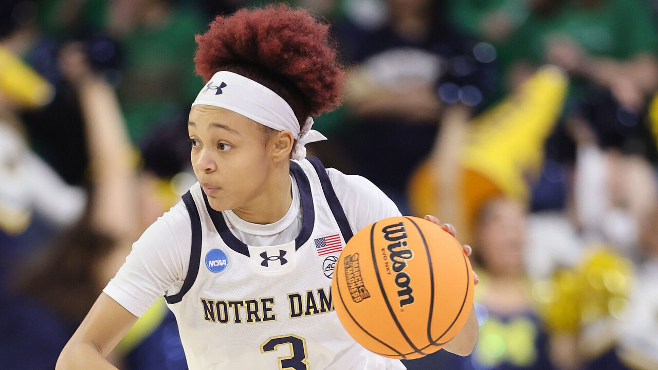SOUTH BEND, INDIANA - MARCH 23: Hannah Hidalgo #3 of the Notre Dame Fighting Irish dribbles up the court against the Michigan Wolverines during the second half in the second round of the NCAA Women's Basketball Tournament at Purcell Pavilion at the Joyce Center on March 23, 2025 in South Bend, Indiana.