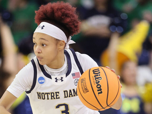 SOUTH BEND, INDIANA - MARCH 23: Hannah Hidalgo #3 of the Notre Dame Fighting Irish dribbles up the court against the Michigan Wolverines during the second half in the second round of the NCAA Women's Basketball Tournament at Purcell Pavilion at the Joyce Center on March 23, 2025 in South Bend, Indiana.