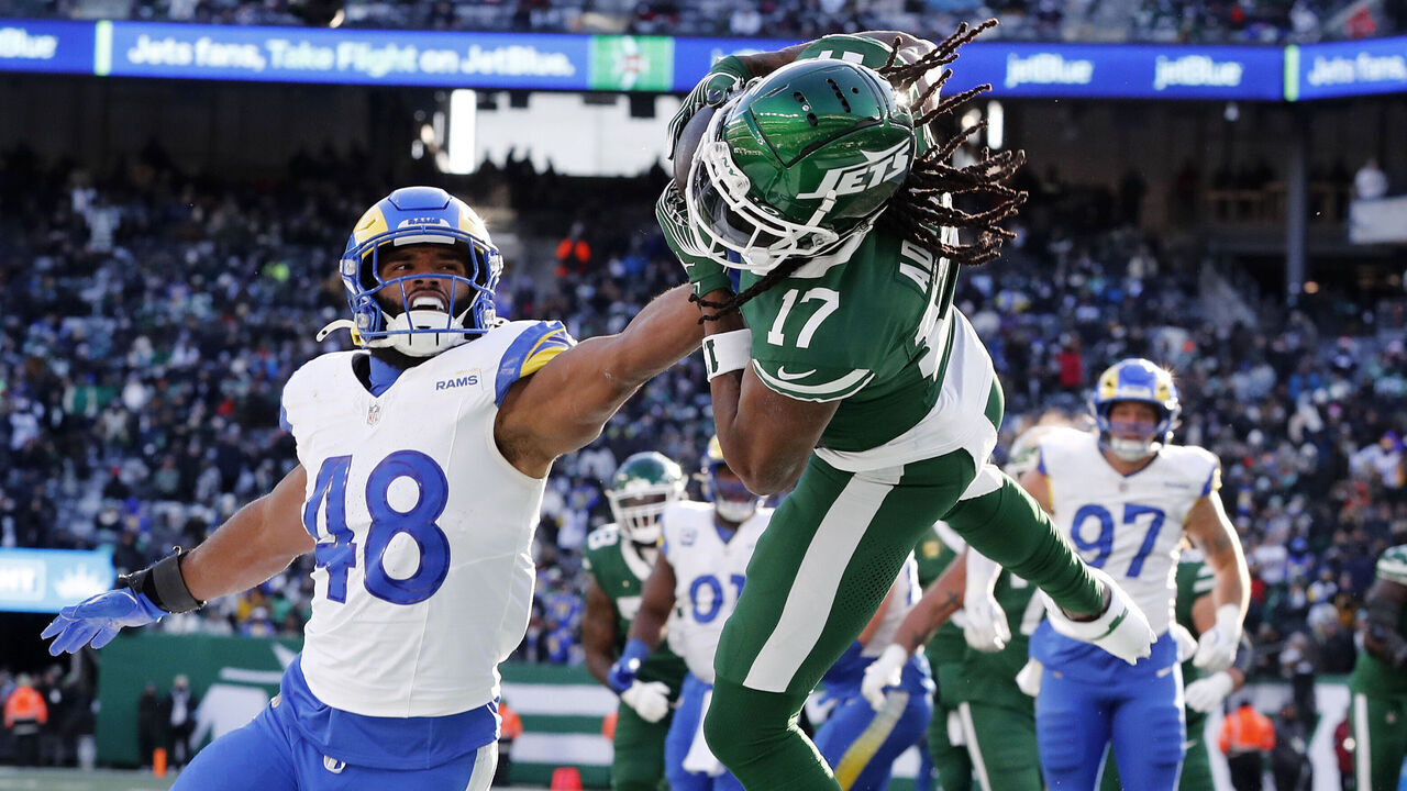 EAST RUTHERFORD, NEW JERSEY - DECEMBER 22: (NEW YORK DAILIES OUT) Davante Adams #17 of the New York Jets in action against Omar Speights #48 of the Los Angeles Rams at MetLife Stadium on December 22, 2024 in East Rutherford, New Jersey. The Rams defeated the Jets 19-9.