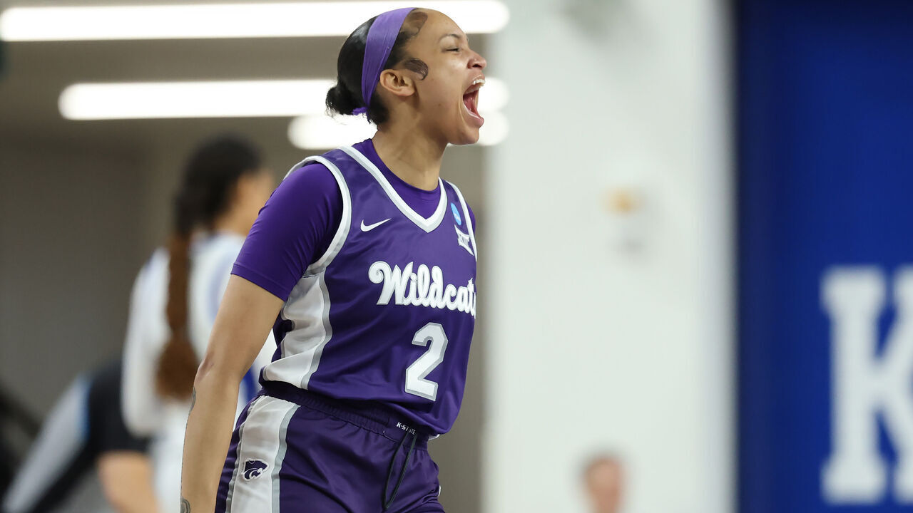 LEXINGTON, KENTUCKY - MARCH 23: Temira Poindexter #2 of the Kansas State Wildcats reacts after scoring during the fourth quarter of a game against the Kentucky Wildcats in the second round of the NCAA Women's Basketball Tournament at Memorial Coliseum on March 23, 2025 in Lexington, Kentucky.