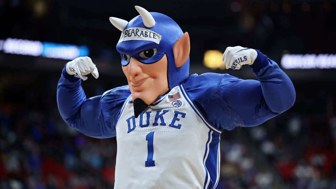 RALEIGH, NORTH CAROLINA - MARCH 23: The Duke Blue Devils mascot performs during the game between the Baylor Bears and Duke Blue Devils in the second round of the NCAA Men's Basketball Tournament at Lenovo Center on March 23, 2025 in Raleigh, North Carolina.