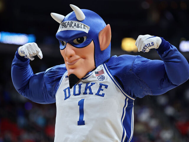 RALEIGH, NORTH CAROLINA - MARCH 23: The Duke Blue Devils mascot performs during the game between the Baylor Bears and Duke Blue Devils in the second round of the NCAA Men's Basketball Tournament at Lenovo Center on March 23, 2025 in Raleigh, North Carolina.