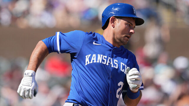 SCOTTSDALE, ARIZONA - MARCH 11: Luke Maile #21 of the Kansas City Royals runs during a spring training game against the Arizona Diamondbacks at Salt River Fields at Talking Stick on March 11, 2025 in Scottsdale, Arizona.