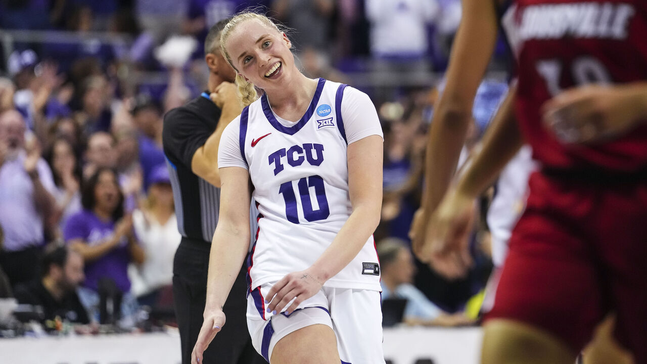 FORT WORTH, TEXAS - MARCH 23: Hailey Van Lith #10 of the TCU Horned Frogs celebrates while playing against the Louisville Cardinals during the Second Round of the 2025 NCAA Women's Basketball Tournament held on March 23, 2025 in Fort Worth, Texas.