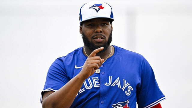 DUNEDIN, FLORIDA - MARCH 10: Vladimir Guerrero Jr #27 of the Toronto Blue Jays looks against the Houston Astros during a Grapefruit League spring training game at TD Ballpark on March 10, 2025 in Dunedin, Florida.