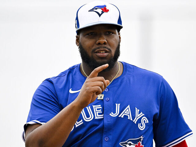 DUNEDIN, FLORIDA - MARCH 10: Vladimir Guerrero Jr #27 of the Toronto Blue Jays looks against the Houston Astros during a Grapefruit League spring training game at TD Ballpark on March 10, 2025 in Dunedin, Florida.