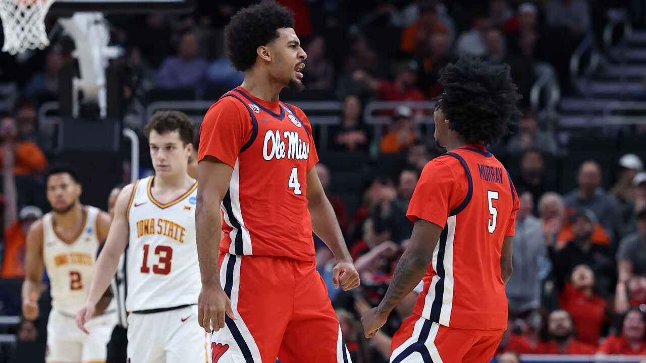 MILWAUKEE, WISCONSIN - MARCH 23: Jaemyn Brakefield #4 and Jaylen Murray #5 of the Ole Miss Rebels react during the second half against the Iowa State Cyclones in the second round of the NCAA Men's Basketball Tournament at Fiserv Forum on March 23, 2025 in Milwaukee, Wisconsin.