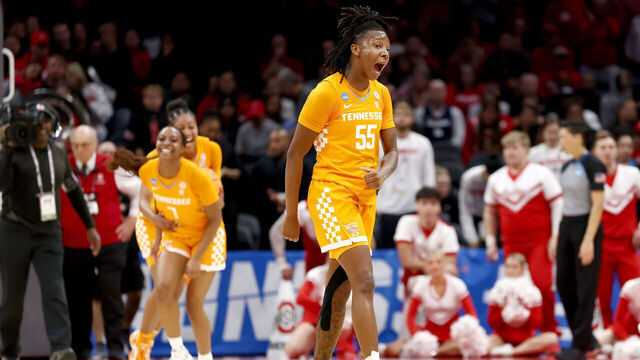COLUMBUS, OHIO - MARCH 23: Talaysia Cooper #55 of the Tennessee Lady Volunteers reacts after defeating the Ohio State Buckeyes during a second round game of the NCAA Women's Basketball Tournament at Jerome Schottenstein Center on March 23, 2025 in Columbus, Ohio. Tennessee defeated Ohio State 82-67 to advance to the Sweet Sixteen.