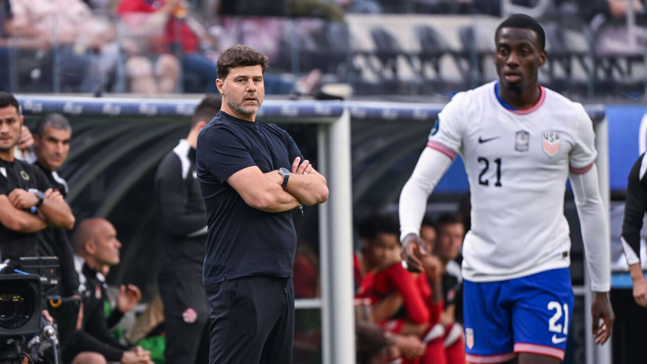INGLEWOOD, CALIFORNIA - MARCH 23: United States head coach Mauricio Pochettino along the sidelines during the second half against Canada in the CONCACAF Nations League third place match at SoFi Stadium on March 23, 2025 in Inglewood, California.