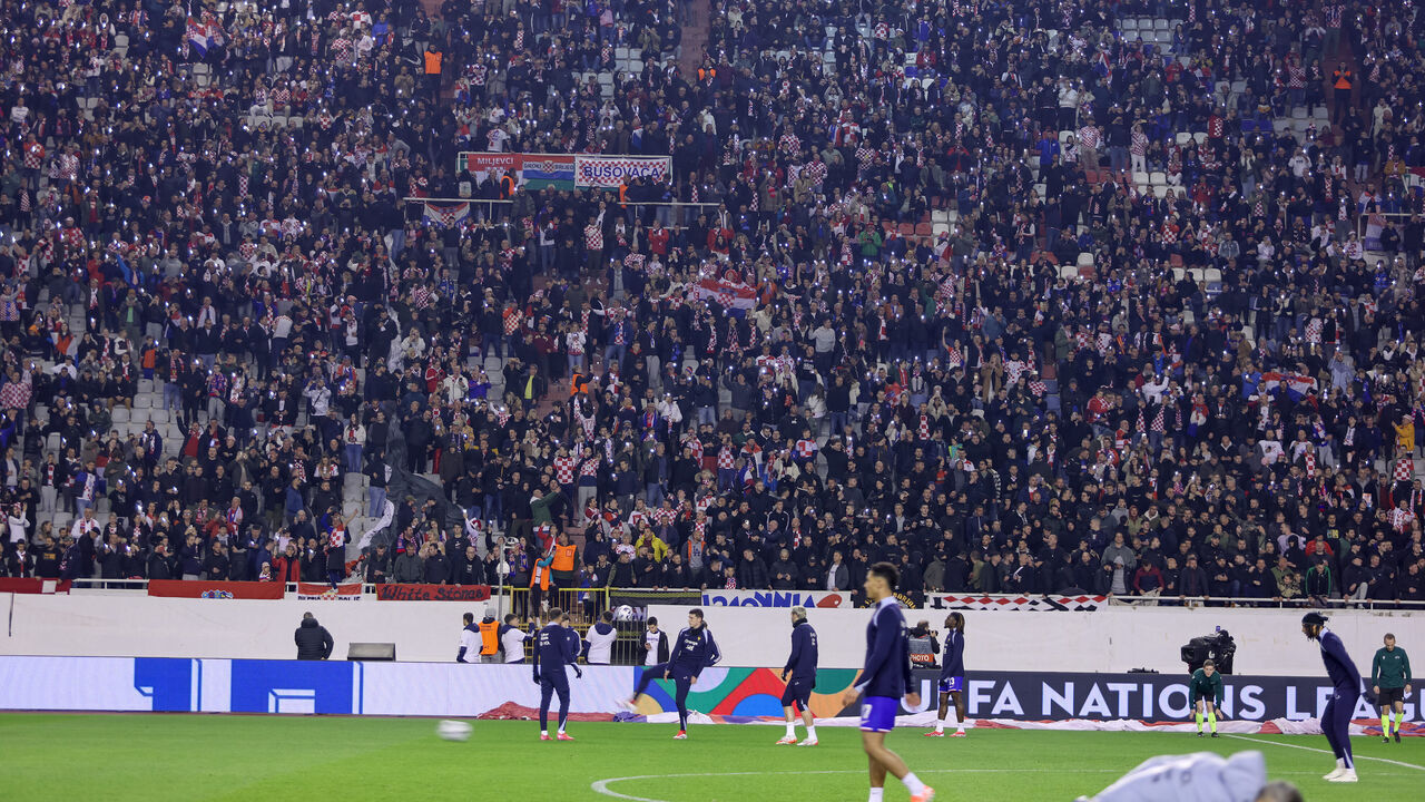 SPLIT, CROATIA - MARCH 20: Fans of Croatia during the UEFA Nations League quarterfinal leg one match between Croatia and France at Stadion Poljud on March 20, 2025 in Split, Croatia.