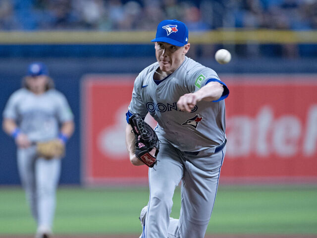ST PETERSBURG, FLORIDA - SEPTEMBER 22: Ryan Yarbrough #35 of the Toronto Blue Jays delivers a pitch agains the Tampa Bay Rays at Tropicana Field on September 22, 2024 in St Petersburg, Florida.