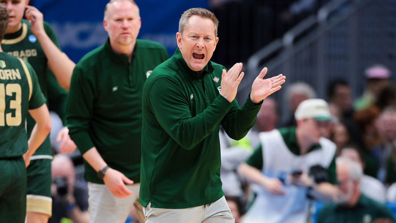 SEATTLE, WASHINGTON - MARCH 23: Head coach Niko Medved of the Colorado State Rams reacts during the second round of the 2025 NCAA Men's Basketball Tournament held at Climate Pledge Arena on March 23, 2025 in Seattle, Washington.