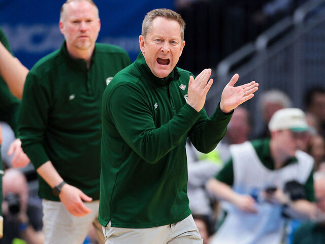 SEATTLE, WASHINGTON - MARCH 23: Head coach Niko Medved of the Colorado State Rams reacts during the second round of the 2025 NCAA Men's Basketball Tournament held at Climate Pledge Arena on March 23, 2025 in Seattle, Washington.