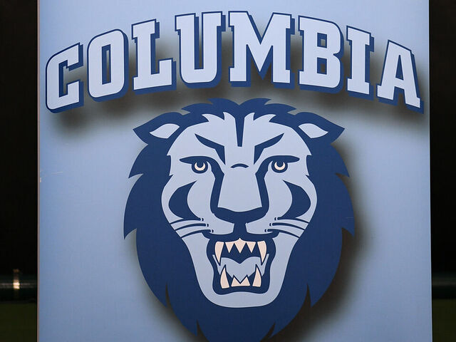 PROVIDENCE, RI - MARCH 16: A general view of signage with the Columbia University Lions logo and The Ivy League logo during the college basketball Ivy League Tournament championship game between the Cornell Big Red and the Yale Bulldogs on March 16, 2025, at the Pizzitola Sports Center in Providence, RI.