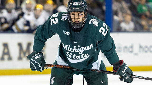 SOUTH BEND, IN - FEBRUARY 2: Isaac Howard #22 of Michigan State during a game between Michigan State University and University of Notre Dame at Compton Family Ice Arena on February 2, 2024 in South Bend, Indiana.