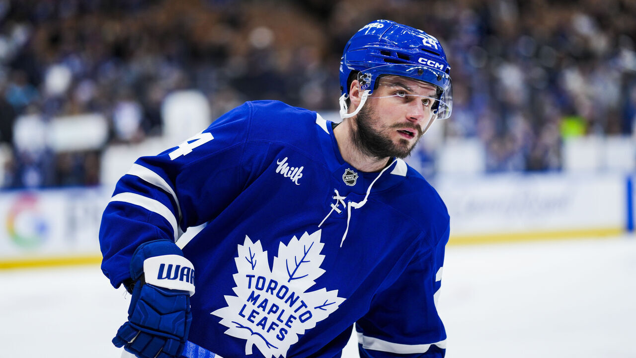 TORONTO, ON - MARCH 13: Scott Laughton #24 of the Toronto Maple Leafs warms-up before playing the Florida Panthers at the Scotiabank Arena on March 13, 2025 in Toronto, Ontario, Canada.