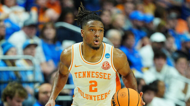 LEXINGTON, KY - MARCH 22: Tennessee Volunteers guard Chaz Lanier (2) brings the ball up court against the UCLA Bruins during the second round of the NCAA Men's Division 1 Championship at Rupp Arena on March 22, 2025, in Lexington, Kentucky.