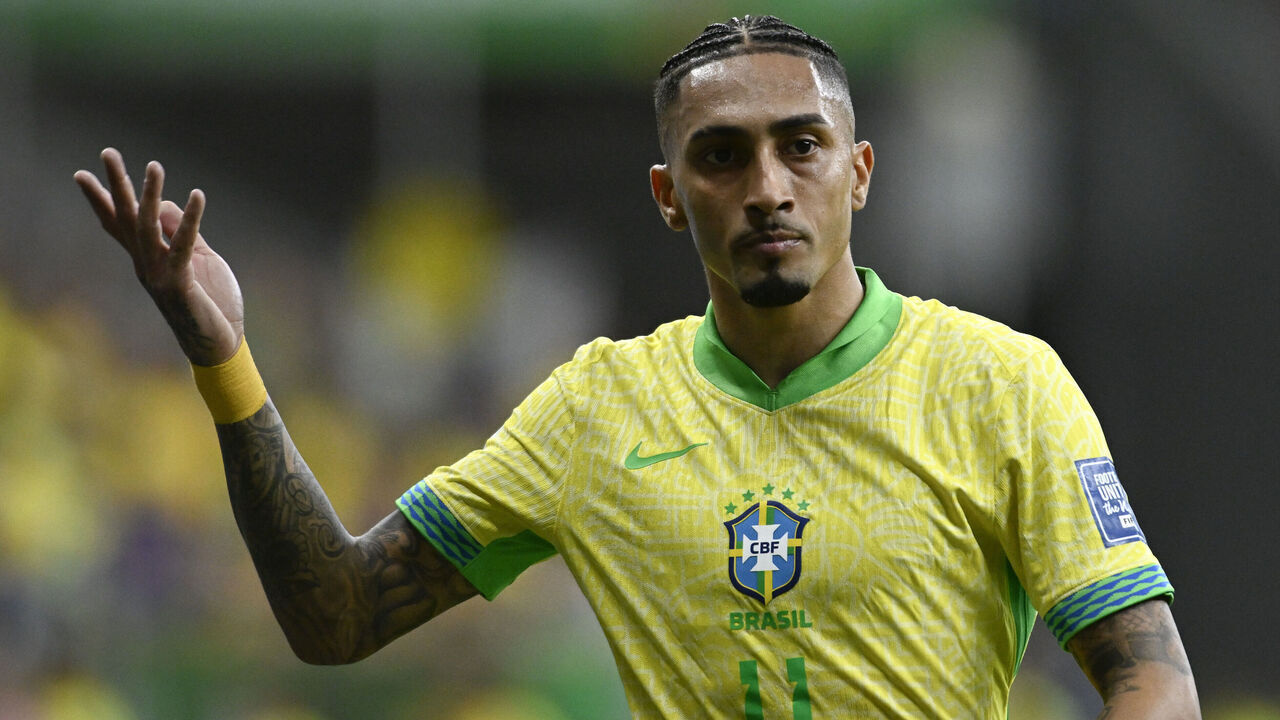 BRASILIA, BRAZIL - MARCH 20 - Raphinha of Brazil reacts during the 2026 FIFA World Cup South American Qualifications football match between Brazil and Colombia at the Mane Garrincha Stadium in Brasilia, Brazil on March 20, 2025.