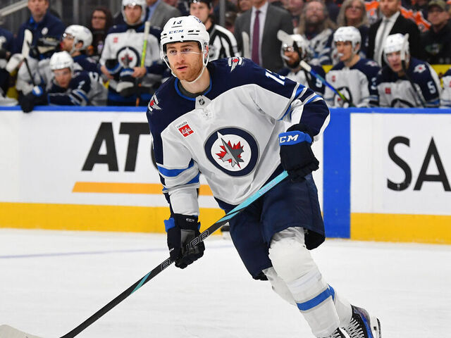 EDMONTON, CANADA - MARCH 20: Gabriel Vilardi #13 of the Winnipeg Jets in action during the game against the Edmonton Oilers at Rogers Place on March 20, 2025, in Edmonton, Alberta, Canada.