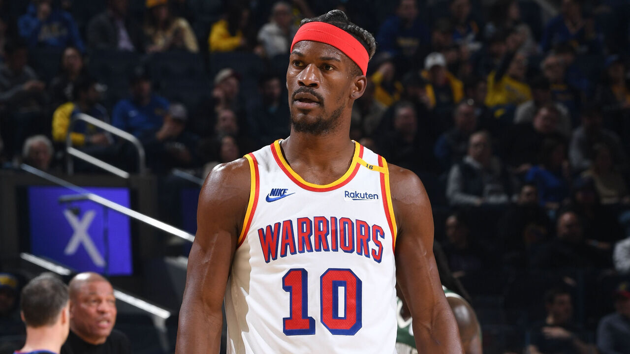 SAN FRANCISCO, CA - MARCH 18: Jimmy Butler #10 of the Golden State Warriors looks on during the game against the Milwaukee Bucks on March 18, 2025 at Chase Center in San Francisco, California. NOTE TO USER: User expressly acknowledges and agrees that, by downloading and or using this photograph, user is consenting to the terms and conditions of Getty Images License Agreement. Mandatory Copyright Notice: Copyright 2025 NBAE