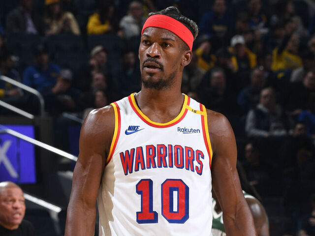 SAN FRANCISCO, CA - MARCH 18: Jimmy Butler #10 of the Golden State Warriors looks on during the game against the Milwaukee Bucks on March 18, 2025 at Chase Center in San Francisco, California. NOTE TO USER: User expressly acknowledges and agrees that, by downloading and or using this photograph, user is consenting to the terms and conditions of Getty Images License Agreement. Mandatory Copyright Notice: Copyright 2025 NBAE