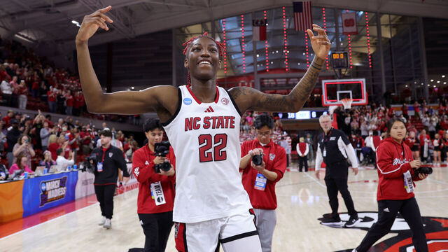 RALEIGH, NORTH CAROLINA - MARCH 24: Saniya Rivers #22 of the NC State Wolfpack celebrates following their win against the Michigan State Spartans during the Second Round of the 2025 NCAA Women's Basketball Tournament held at Reynolds Coliseum on March 24, 2025 in Raleigh, North Carolina.