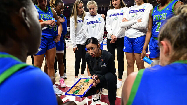 NORMAN, OKLAHOMA - MARCH 22: Head coach Chelsea Lyles of the Florida Gulf Coast University Eagles gives intructions during the First Round of the 2025 NCAA Women's Basketball Tournament held at Lloyd Noble Center on March 22, 2025 in Norman, Oklahoma.