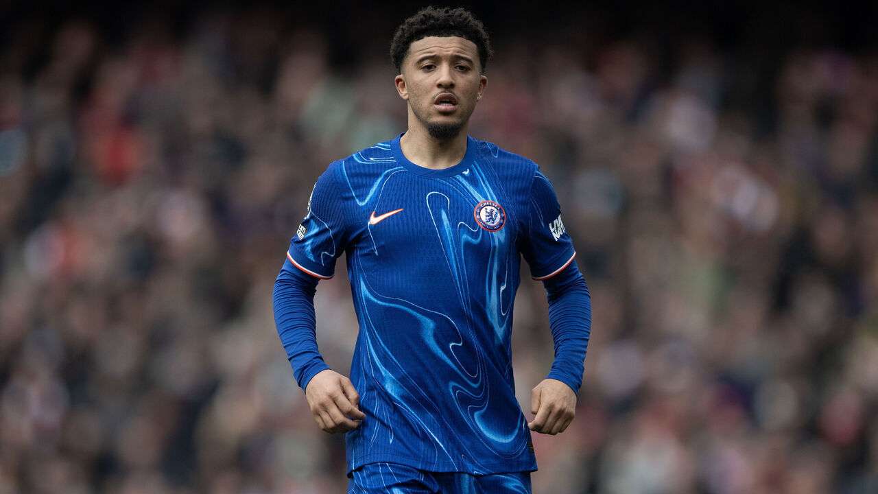 LONDON, ENGLAND - MARCH 16: Jadon Sancho of Chelsea during the Premier League match between Arsenal FC and Chelsea FC at Emirates Stadium on March 16, 2025 in London, England.