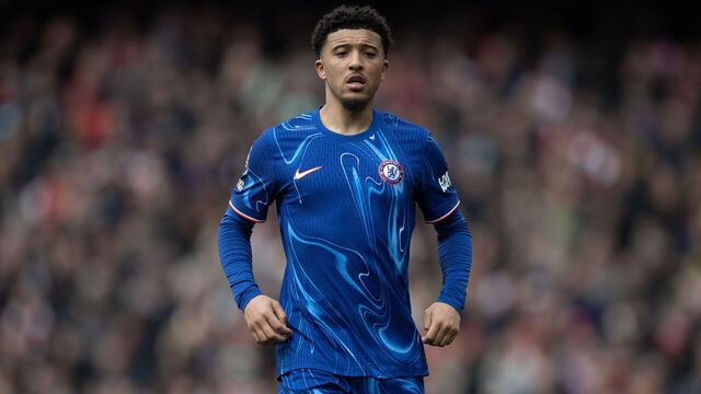 LONDON, ENGLAND - MARCH 16: Jadon Sancho of Chelsea during the Premier League match between Arsenal FC and Chelsea FC at Emirates Stadium on March 16, 2025 in London, England.