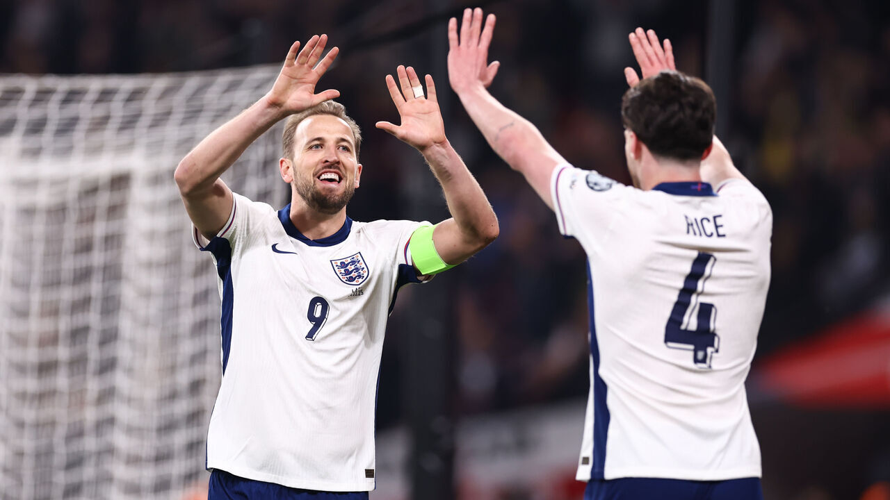 LONDON, ENGLAND - MARCH 24: Harry Kane of England celebrates their second goal with Declan Rice of England during the FIFA World Cup 2026 European Qualifier between England and Latvia at Wembley Stadium on March 24, 2025 in London, England.