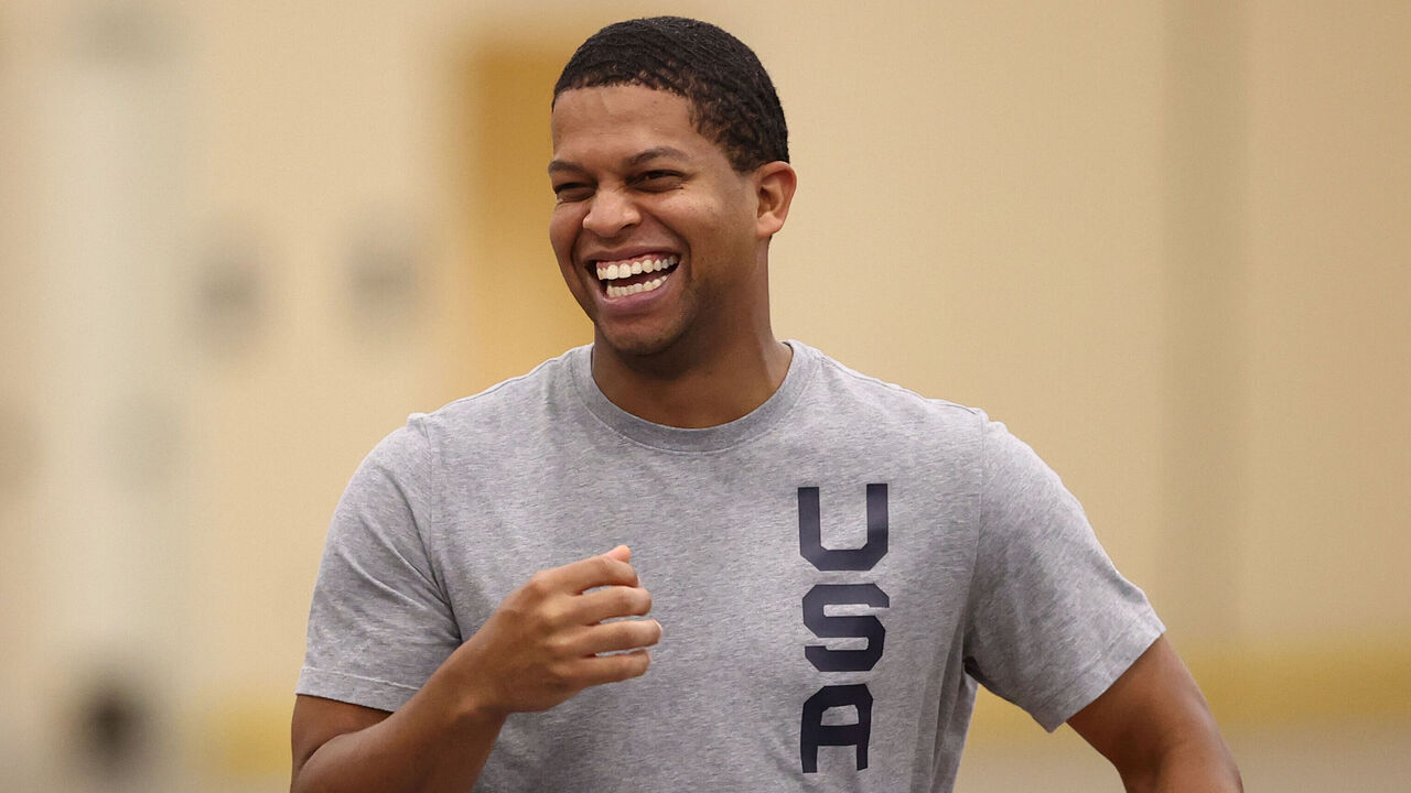 LAS VEGAS, NV - JULY 17: Assistant Coach, Winston Gandy of the USA Women's National 3x3 Team laughs during USAB Womens 3x3 National Team practice at the Mandalay Bay Convention Center on July 17, 2021 in Las Vegas, Nevada.