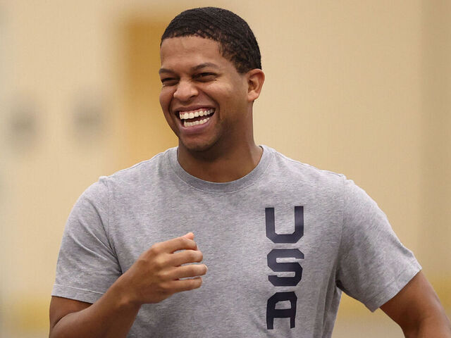 LAS VEGAS, NV - JULY 17: Assistant Coach, Winston Gandy of the USA Women's National 3x3 Team laughs during USAB Womens 3x3 National Team practice at the Mandalay Bay Convention Center on July 17, 2021 in Las Vegas, Nevada.
