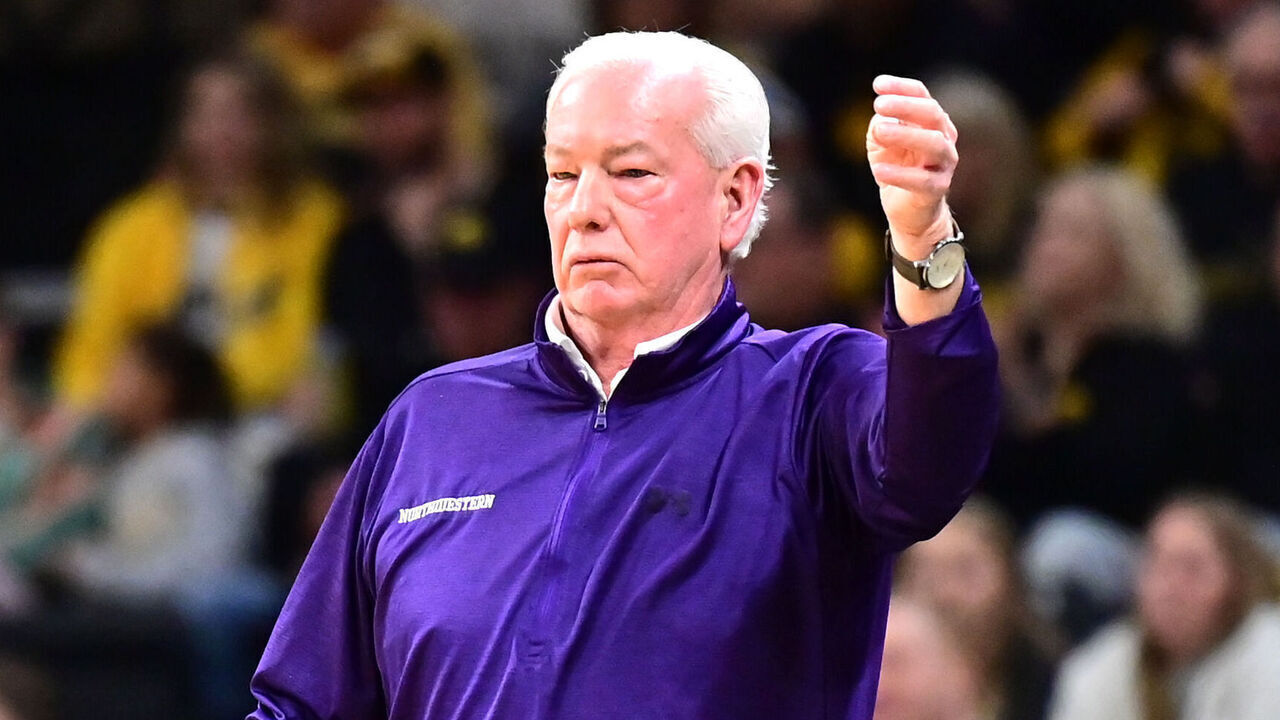 IOWA CITY, IA - JANUARY 28 - Northwestern head coach Joe McKeown as seen during a Big Ten women's basketball game between the Northwestern Wildcats and the Iowa Hawkeyes on January 28, 2025, at Carver-Hawkeye Arena, Iowa City, IA.